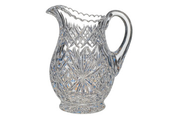 Vintage cut crystal pitcher with ornate starburst and crosshatch patterns on a clean transparent background
