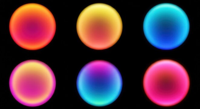Six glowing orbs with vibrant gradient colors on black background - Powered by Adobe