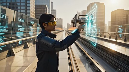 Woman works with futuristic technology and a flying car. This woman, an engineer, uses her smart watch and augmented reality glasses. The woman interacts with a holographic interface in a futuristic c - Powered by Adobe