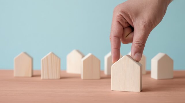 Human hand carefully selects one small wooden house block from a line of similar objects