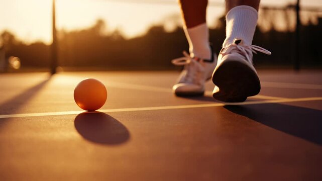 A close-up of a player's feet in white sneakers on a pickleball court. An orange pickleball rests on the court surface, with a warm sunset glow in the background.