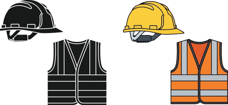 Construction safety gear including helmets and reflective vests illustrated in graphic style