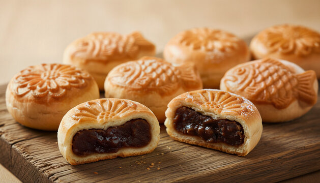 Artfully Arranged Manju Pastries on a Rustic Wooden Board