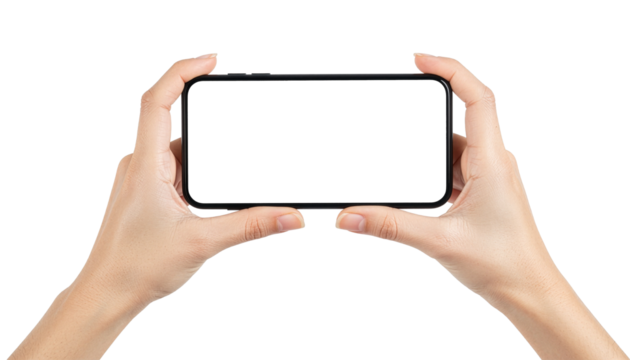 Hands Holding a Horizontal Smartphone Mockup with Blank Screen on Transparent Background