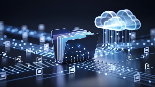 Digital data transfer from a glowing folder icon to a luminous cloud icon connected by glowing circuit board pathways - Powered by Adobe