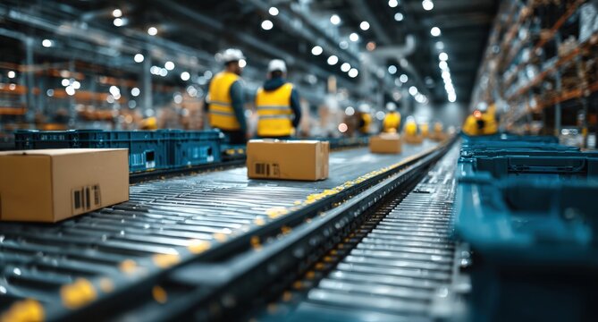 Warehouse workers in safety vests are sorting packages on a conveyor belt, with blurred background of storage shelves and ambient lighting creating a busy industrial atmosphere - Powered by Adobe