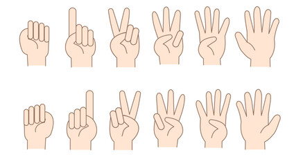 Set of human hand poses and gestures.Finger.Counting numbers.The palms and fingers.Cartoon Palms and Wrists.Countdown gestures, language number.Sign, symbol, icon and logo.Vector illustration.