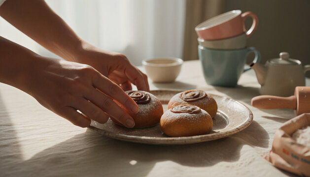 Woman arranging manju pastries on a vintage plate in warm setting.