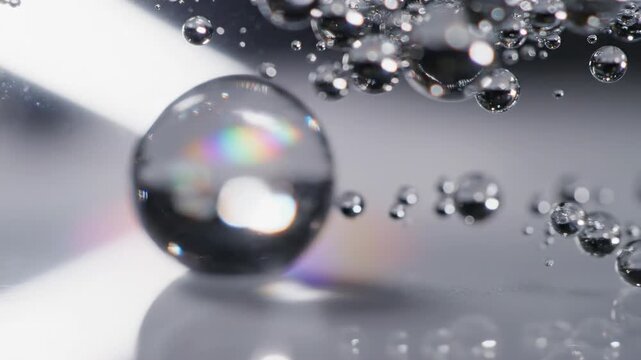Extreme close-up slow motion shot of bright white light refracting through ethereal water droplets creating a soft, subtle rainbow color spectrum slow motion shot, optical phenomenon, scientific