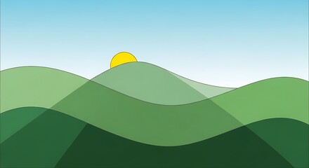 Obraz premium Illustration of rolling green hills with a yellow sun rising above the horizon.