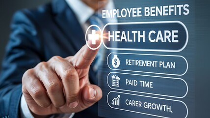 Businessman s finger selecting health care from a digital screen displaying employee benefits options like retirement and paid time