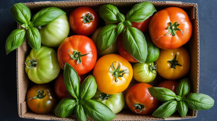 Box of fresh tomatoes and basil leaves