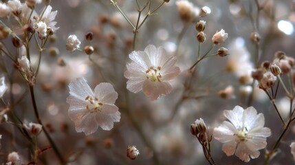 A close up of a bunch of white flowers with dew on them. The flowers are arranged in a way that they are all facing the same direction, creating a sense of unity and harmony