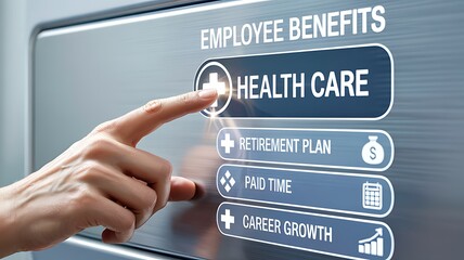 Obraz premium Close up of a person s finger touching the health care option on a digital screen displaying employee benefits choices