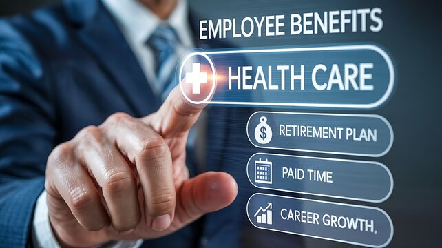 Businessman s hand points to a digital screen displaying employee benefits including healthcare retirement plan and career growth opportunities