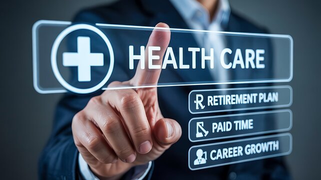 Hand touching a digital screen displaying health care options including retirement plan paid time and career growth