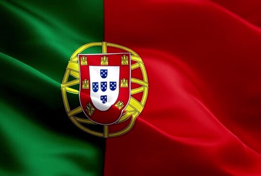 Waving Flag of Portugal with National Coat of Arms and Armillary Sphere