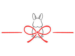 赤い蝶結びとうさぎ　シンプルでかわいい　線画　イラスト