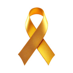 Vibrant Golden Awareness Ribbon Symbolizing Childhood Cancer or Support on a Deep Transparent Studio Background, with Shiny Satin Texture