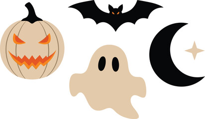 Spooky halloween icons set featuring a jack-o-lantern ghost bat and crescent moon with stars for festive decorations and designs isolated on white background