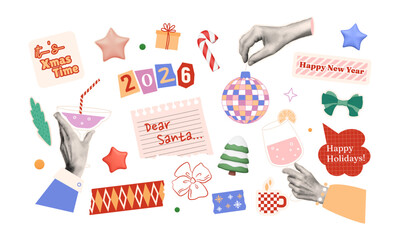 New Year collage stickers. Halftone hands with drinks, disco ball, washi tapes, torn paper. Cute Christmas elements set. Vector illustration. Vintage graphics, 3d tree and star, 2026 numbers.