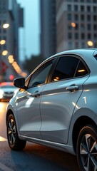 Fototapeta premium Generative AI portrays an urban journey, featuring a sleek white car navigating city streets at