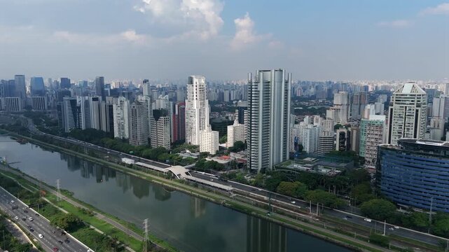 Plaza Centenario Skyscraper In The Brooklin Novo Neighbourhood Along The Marginal Pinheiros In S&atilde;o Paulo, Brazil. Aerial Drone Shot
