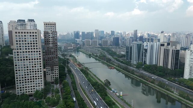 Aerial View Of The Marginal Pinheiros Expressway And Pinheiro River In S&atilde;o Paulo, Brazil.