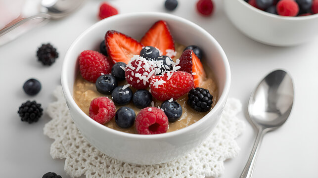 serial with strawberries and blueberries on a white bowl