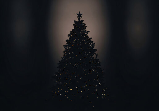 Moody Christmas tree silhouette with warm fairy lights on dark black background, minimalist holiday backdrop with copy space - Powered by Adobe