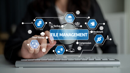 A professional woman interacts with digital tools for file management, showcasing icons for cloud storage, backup, and other organizational strategies in a modern workspace. Tessel