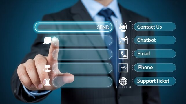 Professional individual interacts with a glowing digital interface offering various communication options