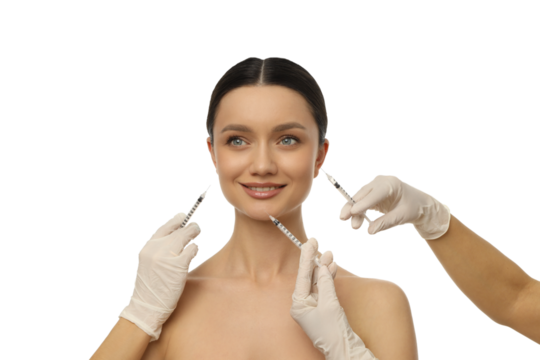 Model getting facial beauty injections, isolated on white, PNG