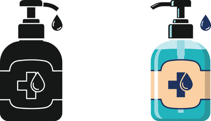 Two hand sanitizer bottle illustrations one filled one outline with a droplet