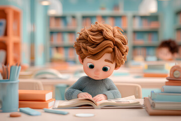 可愛いアニメ風少年が机で勉強する3Dほのぼのイラスト
