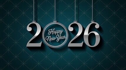 Elegant silver 2026 numbers and oval frame with happy new year text hanging on dark textured background