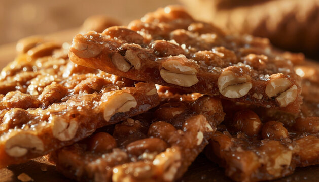 Artisanal Peanut Brittle Close-Up Showcasing Caramelized Sugar and Crunchy Peanuts in Golden Light