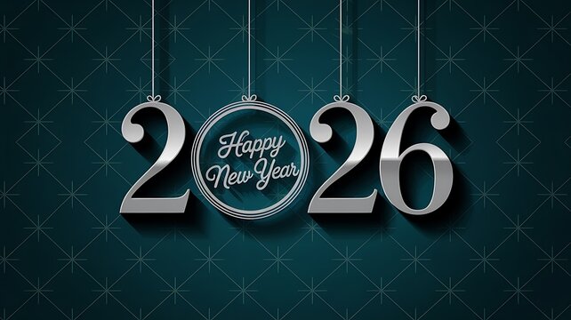 Elegant silver 2026 numbers and oval frame with happy new year text hanging on dark textured background