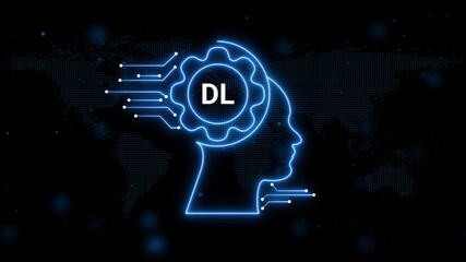 Deep Learning concept with glowing neon head outline and circuit board connections on digital world map background - Powered by Adobe