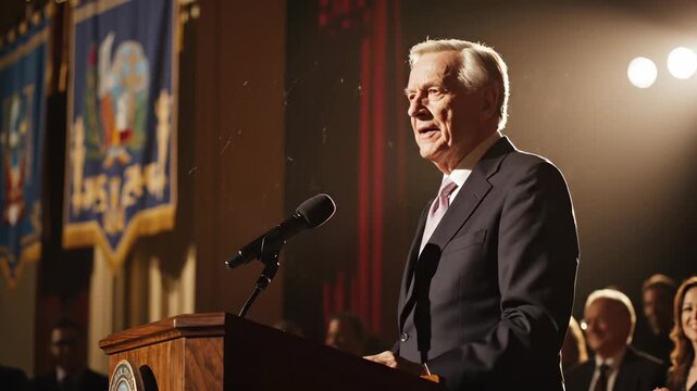 Politician gives emotional speech at rally. The male leader speaks at political conference. This senior politician gets applause from the crowd. The leader gives a speech at an election event with his