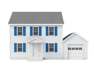 Classic white two-story house with blue shutters and attached garage model