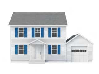 Classic white two-story house with blue shutters and attached garage model