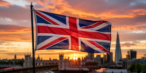 Union jack flag waving proudly against a vibrant sunset sky over the iconic london skyline
