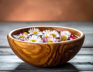 Daisies floating peacefully in a wooden bowl, capturing a serene and natural setting