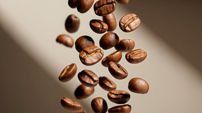 Closeup of roasted coffee beans falling in slow motion - Powered by Adobe