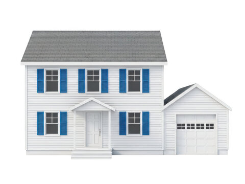 Classic white two-story house with blue shutters and attached garage model - Powered by Adobe