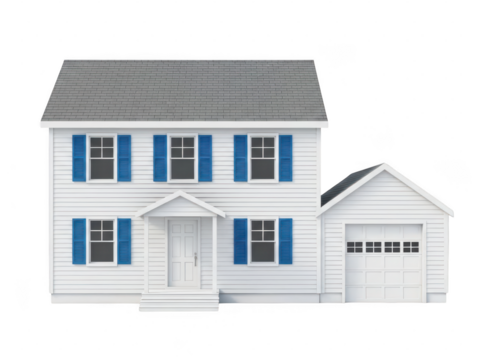 Classic white two-story house with blue shutters and attached garage model
