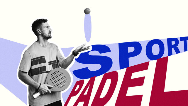 Man practicing padel in a dynamic sports setting with colorful graphics - Powered by Adobe
