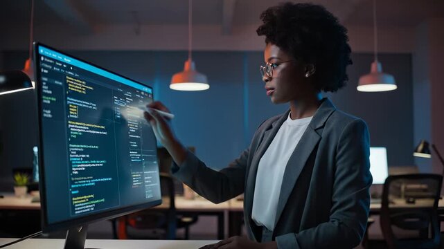 Woman developer programs code on computer. Programmer stands at workstation and reads monitor. Software project displays code on large monitor. Professional works in modern office and smiles. Growth.