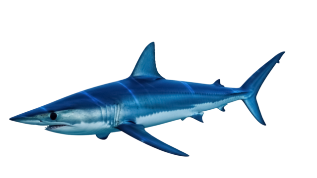 Blue shark PNG isolated on transparent background, predatory sea animal with streamlined body and sharp teeth, marine wildlife